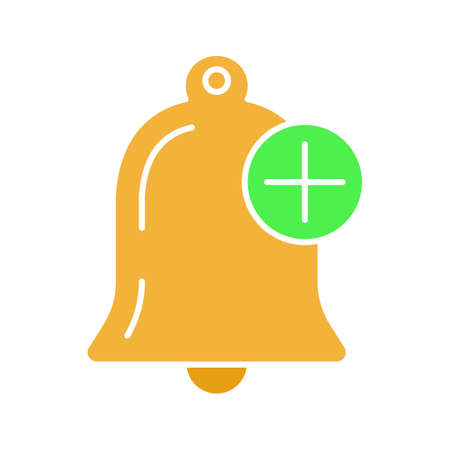 Add alert glyph color icon. Bell with plus sign. Notification. Reminder alarm. Silhouette symbol on white background with no outline. Negative space. Vector illustrationのイラスト素材