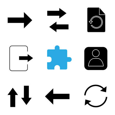 UI/UX glyph icons set. Next, vertical and horizontal swap, restore page, exit, extension, userpic, back, refresh arrow. Silhouette symbols. Vector isolated illustrationのイラスト素材