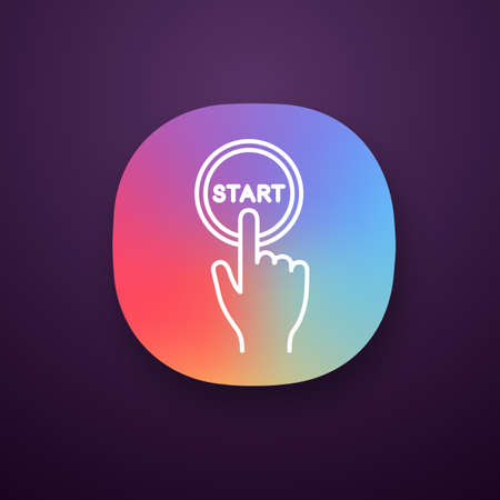 Start button click app icon. Launch. Hand pushing button. UI/UX user interface. Web or mobile...