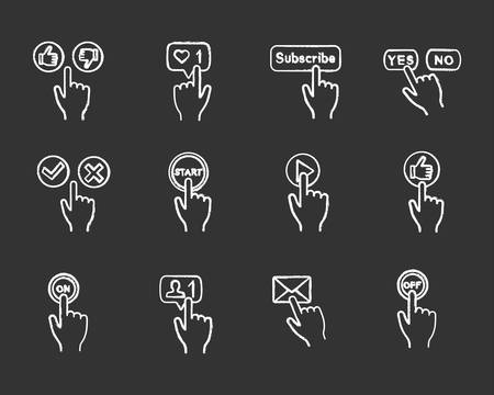 App buttons chalk icons set. Click. Social media interface. Webpage navigation. Isolated vector chalkboard illustrationsのイラスト素材