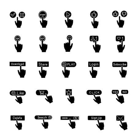 App buttons glyph icons set. Click. Social media interface. Webpage navigation. Silhouette symbols. Vector isolated illustrationのイラスト素材