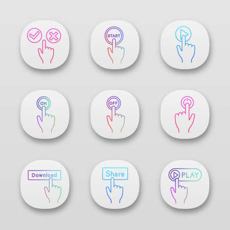 Click app icons set. Accept and decline, start, play, turn on and off, power, download, share, launch. UI/UX user interface. Web or mobile applications. Vector isolated illustrationsのイラスト素材
