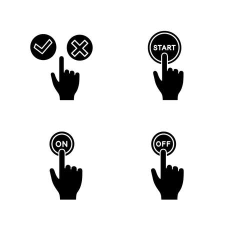 App buttons glyph icons set. Click. Accept and decline, start, turn on and off. Silhouette symbols. Vector isolated illustrationのイラスト素材