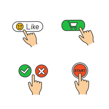 App buttons color icons set. Click. Like, buy, accept and decline, start. Isolated vector...
