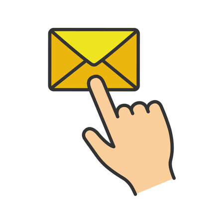 Mail button click color icon. SMS. Email app. Messenger. Hand pressing email button. Isolated vector illustrationのイラスト素材