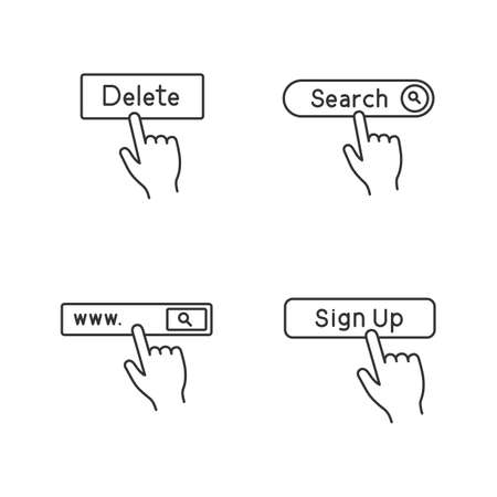 App buttons linear icons set. Click. Power, search bar, like. Thin line contour symbols. Isolated vector outline illustrations. Editable strokeのイラスト素材