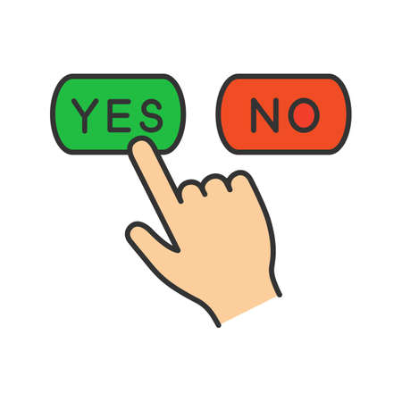 Yes or no click color icon. Accept and decline buttons. Hand pressing button. Isolated vector illustrationのイラスト素材