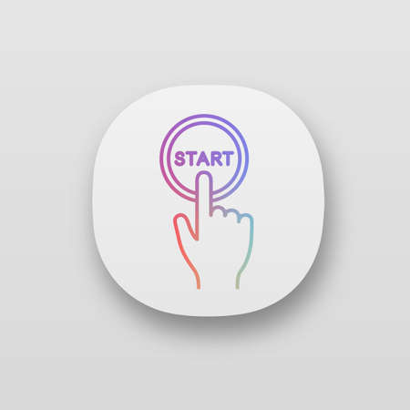 Start button click app icon. Launch. Hand pushing button. UI/UX user interface. Web or mobile...