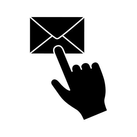Mail button click glyph icon. SMS. Email app. Messenger. Hand pressing email button. Silhouette symbol. Negative space. Vector isolated illustrationのイラスト素材
