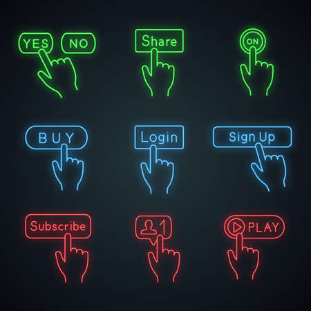 Click buttons neon light icons. Yes or no, share, turn on, buy, login, sign up, subscribe, new...