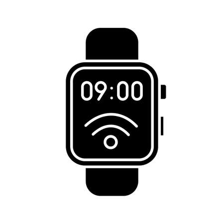 NFC smartwatch glyph icon. Near field communication. Smart wristwatch. Contactless technology. Silhouette symbol. Negative space. Vector isolated illustrationのイラスト素材