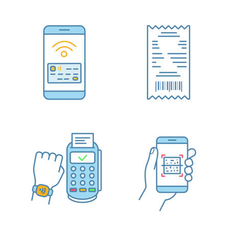 NFC payment color icons set. Cash receipt, QR code scanner, NFC smartphone and smartwatch. Isolated vector illustrationsのイラスト素材