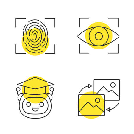 Machine learning linear icons set. Fingerprint scanning, iris recognition, teacher bot, data transforming. Thin line contour symbols with yellow circles. Isolated vector outline illustrationsのイラスト素材