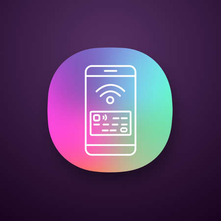 NFC smartphone signal app icon. NFC phone. UI/UX user interface. Mobile phone contactless payment. Telephone screen with credit card. Web or mobile application. Vector isolated illustrationのイラスト素材