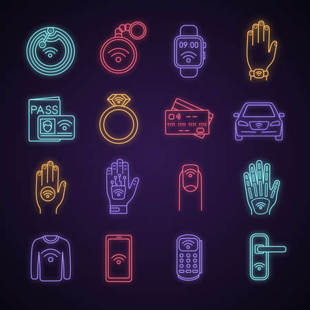 NFC technology neon light icons set. Near field communication. RFID and nfc tag, sticker, phone, trinket, ring, implant. Contactless technology. Glowing signs. Vector isolated illustrationsのイラスト素材