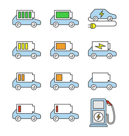Electric car battery charging color icons set. Automobile battery level indicator. High, middle and low charge. Eco friendly auto. Isolated vector illustrationsのイラスト素材