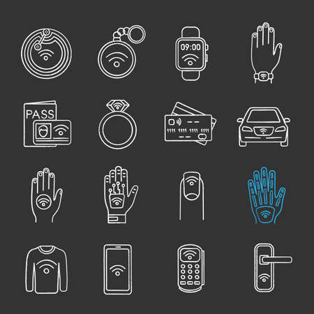 NFC technology chalk icons set. Near field communication. RFID and nfc tag, sticker, phone, trinket, ring, implant. Contactless technology. Isolated vector chalkboard illustrationsのイラスト素材