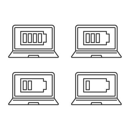 Laptop battery charging linear icons set. Computer high, low, middle charge. Notebook battery level indicator. Thin line contour symbols. Isolated vector outline illustrations. Editable strokeのイラスト素材