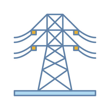 High voltage electric line color icon. Powerline. Electric power pylon. Transmission tower. Isolated vector illustrationのイラスト素材
