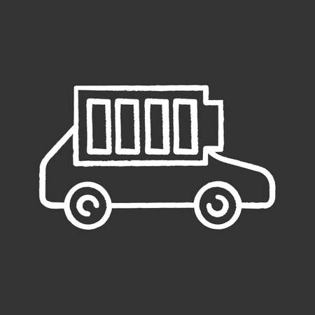 Fully charged electric car battery chalk icon. Auto charge completed. Eco friendly automobile battery level indicator. Isolated vector chalkboard illustrationsのイラスト素材