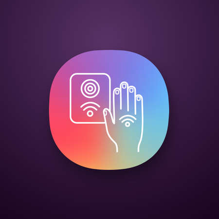 NFC reader app icon. RFID access control. UI/UX user interface. NFC button and hand sticker. Near field communication. RFID elevator controller. Web or mobile application. Vector isolated illustrationのイラスト素材