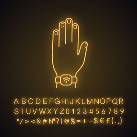 NFC bracelet neon light icon. Near field communication. RFID wristband. NFC smartwatch. Wristwatch. Contactless technology. Glowing sign with alphabet, numbers and symbols. Vector isolated illustrationのイラスト素材