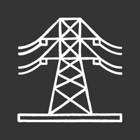High voltage electric line chalk icon. Powerline. Electric power pylon. Transmission tower. Isolated vector chalkboard illustrationsのイラスト素材