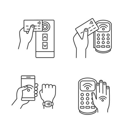NFC technology linear icons set. Near field credit card reader, payment terminal, bracelet and smartphone, hand sticker. Thin line symbols. Isolated vector outline illustrations. Editable strokeのイラスト素材