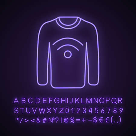 NFC clothes neon light icon. Near field communication sweater. Glowing sign with alphabet, numbers and symbols. RFID tag. Contactless technology. NFC jumper. Vector isolated illustrationのイラスト素材