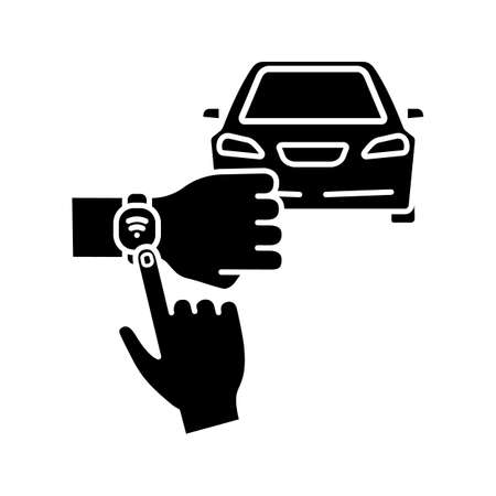 NFC car glyph icon. NFC bracelet auto key. Silhouette symbol. Smart automobile. Near field communication auto control. Negative space. Vector isolated illustrationのイラスト素材
