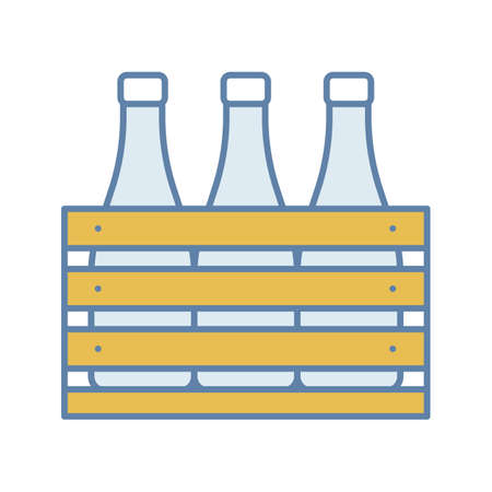 Beer case color icon. Wine or champagne bottles in wooden crate. Milk bottles in wooden box. Isolated vector illustrationのイラスト素材