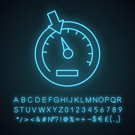Speedometer neon light icon. Dashboard. Car instrument panel. Glowing sign with alphabet, numbers...