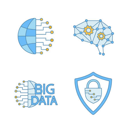 Artificial intelligence color icons set. Information technologies. Deep learning AI, big data, cybersecurity. Isolated vector illustrationsのイラスト素材