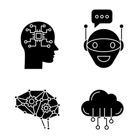 Artificial intelligence glyph icons set. Silhouette symbols. Neural network Neurotechnology. Chat bot, AI, digital brain, cloud computing. Vector isolated illustrationのイラスト素材