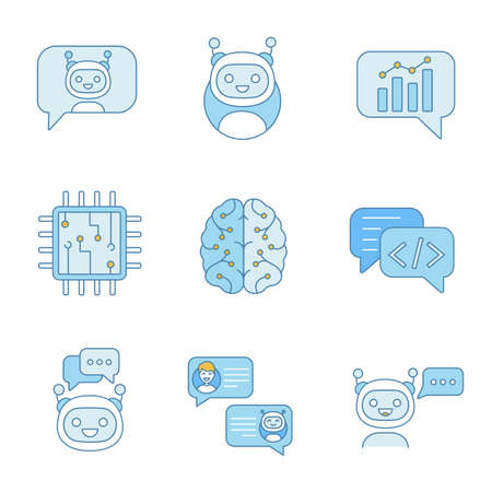 Chatbots color icons set. Talkbots. Support service, chat, messenger bots. Modern robots. Digital brain and processor. Chatterbots. Isolated vector illustrationsのイラスト素材