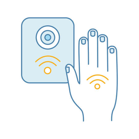 NFC reader color icon. RFID access control. NFC button and hand sticker. Near field communication. RFID elevator controller. Isolated vector illustrationのイラスト素材
