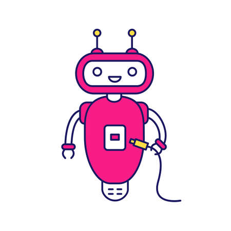 Chatbot with USB cable color icon. Talkbot with USB slot plugs to cable. Modern robot. Virtual assistant. Online helper. Isolated vector illustrationのイラスト素材
