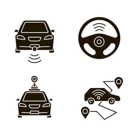 Smart cars glyph icons set. NFC autos. Intelligent vehicles.  Self driving automobiles. Autonomous cars. Driverless vehicles. Silhouette symbols. Vector isolated illustrationのイラスト素材