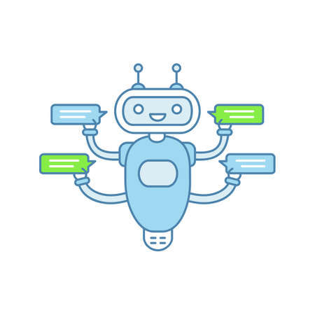 Chatbot with four speech bubbles color icon. Talkbot chatting to several users. Customer support service. Modern robot. Isolated vector illustrationのイラスト素材