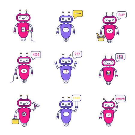Chatbots color icons set. Buy, USB, question, not found, code, free, repair, error, typing bots. Modern robots. Isolated vector illustrationsのイラスト素材