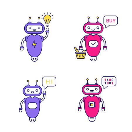 Chatbots color icons set. Talkbots. Virtual assistants. New idea, buy, hi, code chat bots. Modern robots. Isolated vector illustrationsのイラスト素材