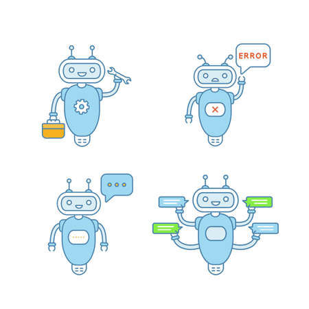 Chatbots color icons set. Talkbots. Virtual assistants. Support service, typing, error, repair chat bots. Modern robots. Isolated vector illustrationsのイラスト素材