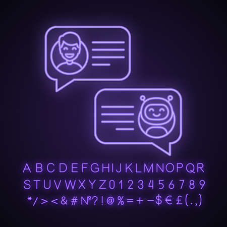 Support chatbot neon light icon. Talkbot. Virtual assistant. Chat bot. Modern robot. Man chatting with messenger bot. Glowing sign with alphabet, numbers and symbols. Vector isolated illustrationのイラスト素材