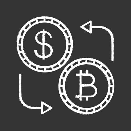 Bitcoin and dollar currency exchange chalk icon. Cryptocurrency. Refund. Isolated vector chalkboard illustrationのイラスト素材
