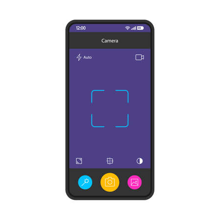 Smartphone camera interface vector template. Mobile app page purple design layout. Mobile camera screen. Photo device. Flat UI for photography  application. Photo icon phone displayのイラスト素材