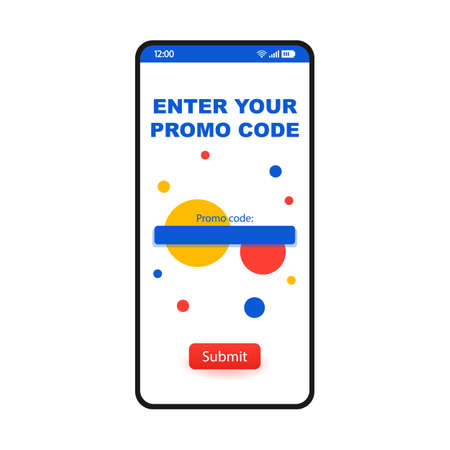 Enter promo code page smartphone interface template. Coupon deals mobile app design layout. Online discount code, special offer, voucher website screen. E coupon. Application flat UI. Phone displayのイラスト素材