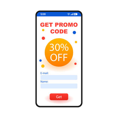 Promo code smartphone interface template. 30 percent off discount mobile website page layout. Getting money off coupon. Special offer, online voucher, gift card. Application flat UI. Phone displayのイラスト素材