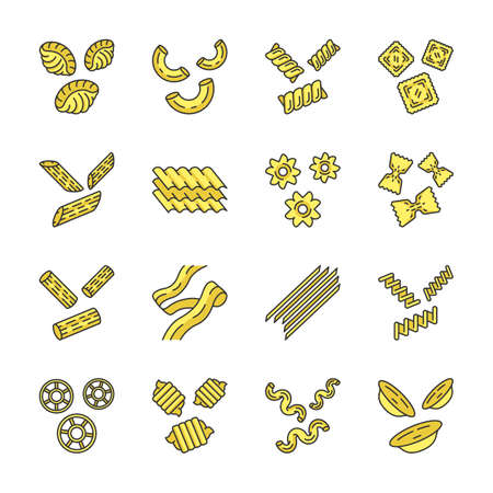 Pasta noodles color icons set. Italian traditional macaroni. Shaped and dried unleavened dough products. Assortment of dry flour groceries. Different types of noodles. Isolated vector illustrationsのイラスト素材
