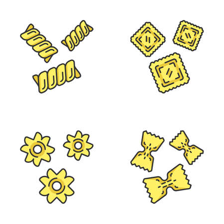 Pasta noodles types color icons set. Macaroni different shapes. Gemelli, ravioli, stele, farfalle. Mediterranean cuisine. Dough products. Traditional Italian food. Isolated vector illustrationsのイラスト素材