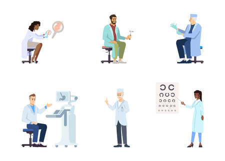 Doctors flat vector illustrations set. Medical specialists isolated cartoon characters on white background. Therapists, practitioners regular check, exam. Ophthalmologist, dermatologist, pediatricianのイラスト素材